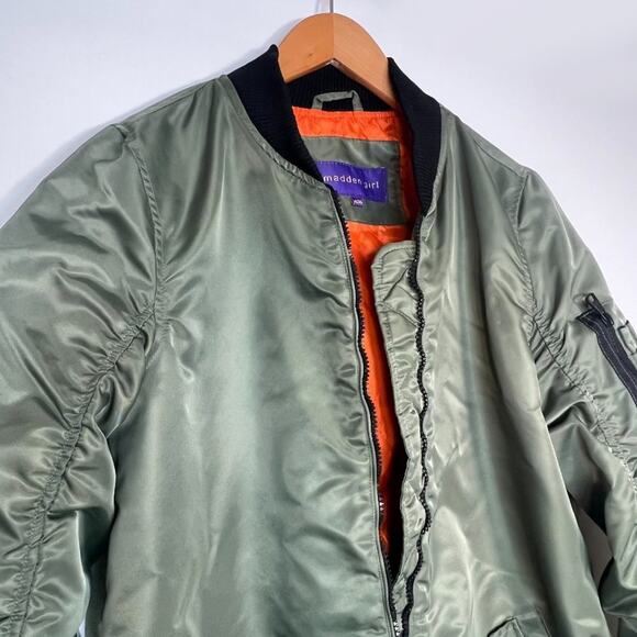 Madden Girl Insulated Bomber Jacket Coat Army Sage Green Orange - Picture 3 of 16
